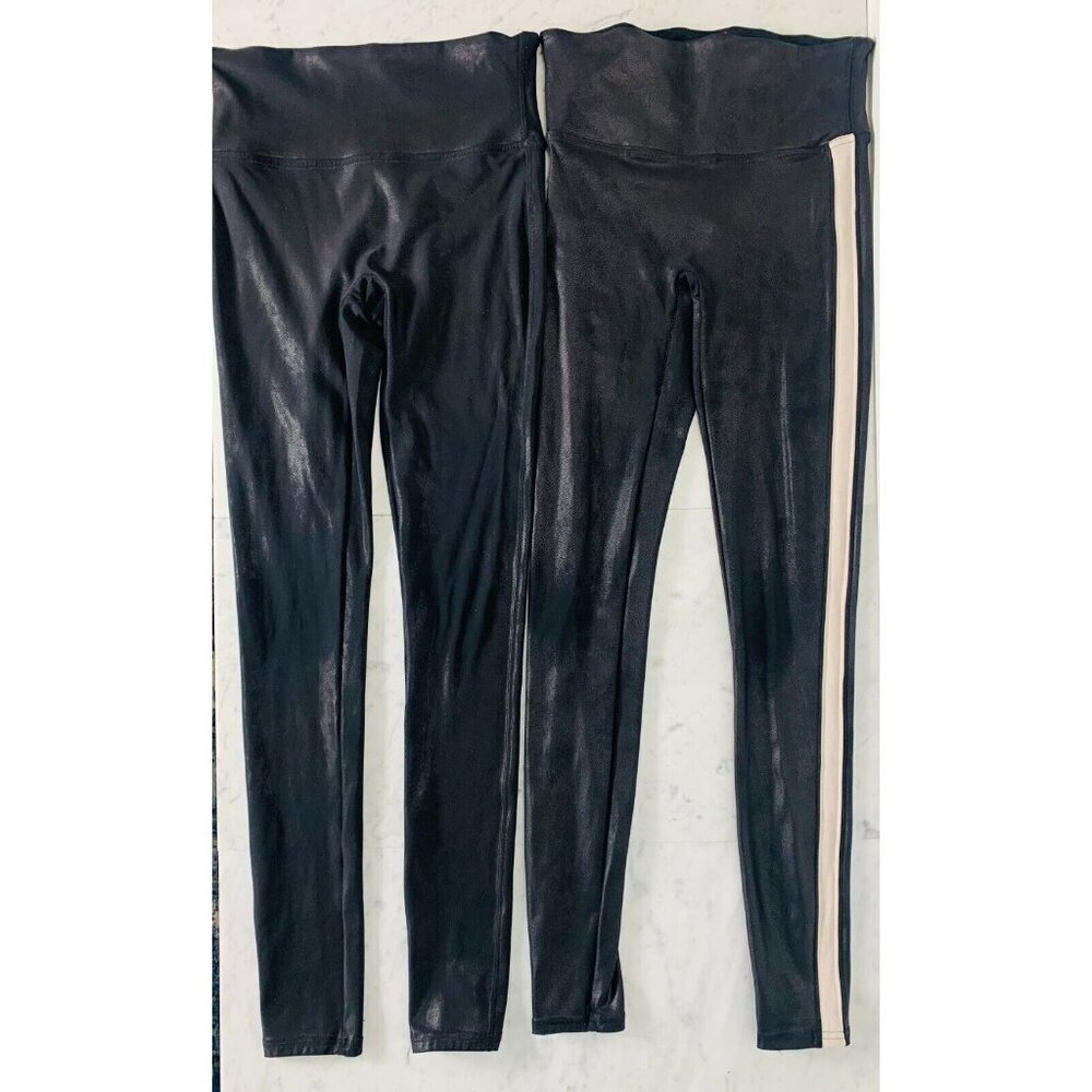 SPANX LOT (2) Faux Leather Leggings S Black 2437 & Off-White Stripe 20187R EUC